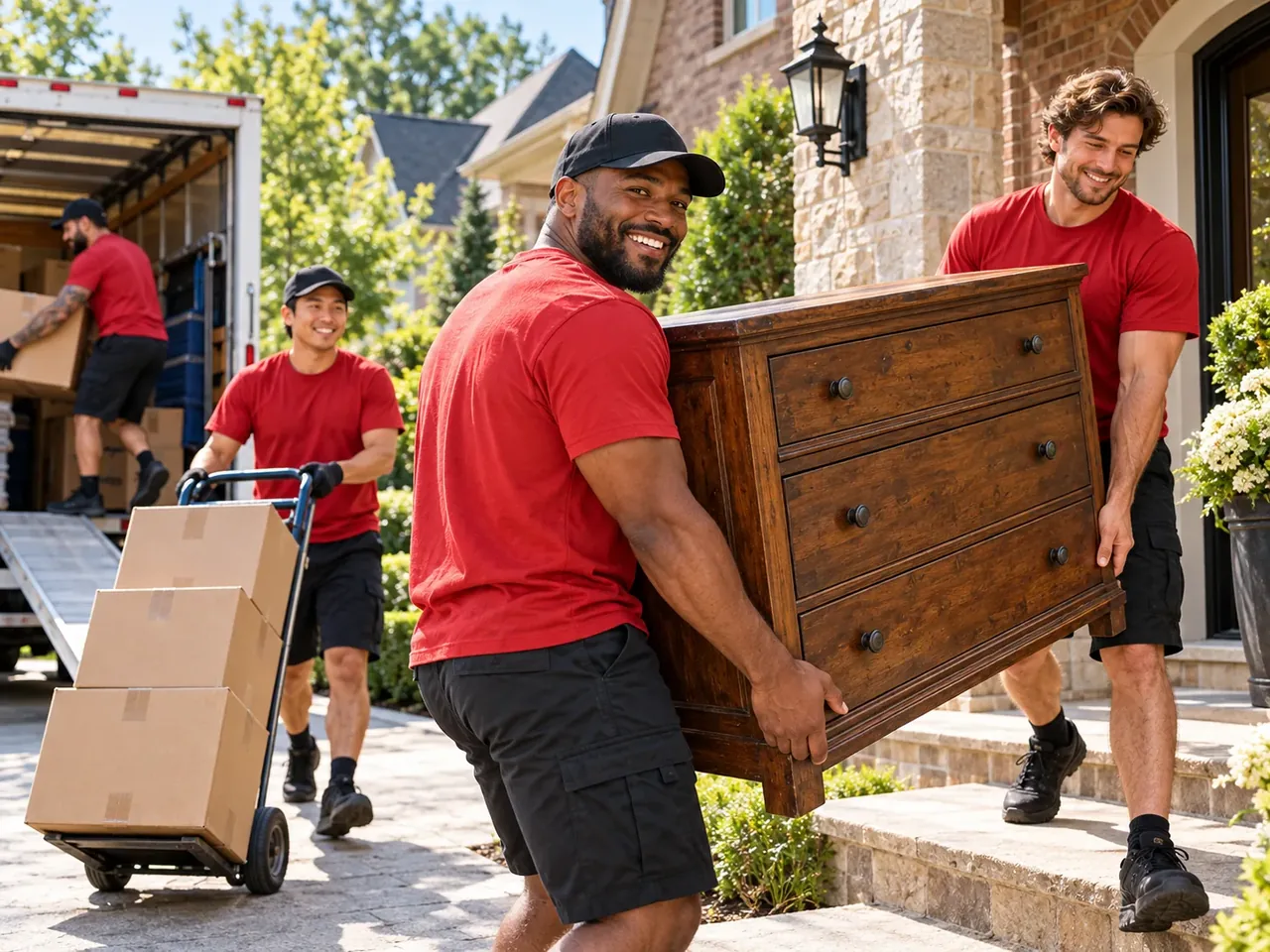 Movers in red shirts carrying a wooden dresser from a home while another mover handles boxes on a hand truck.