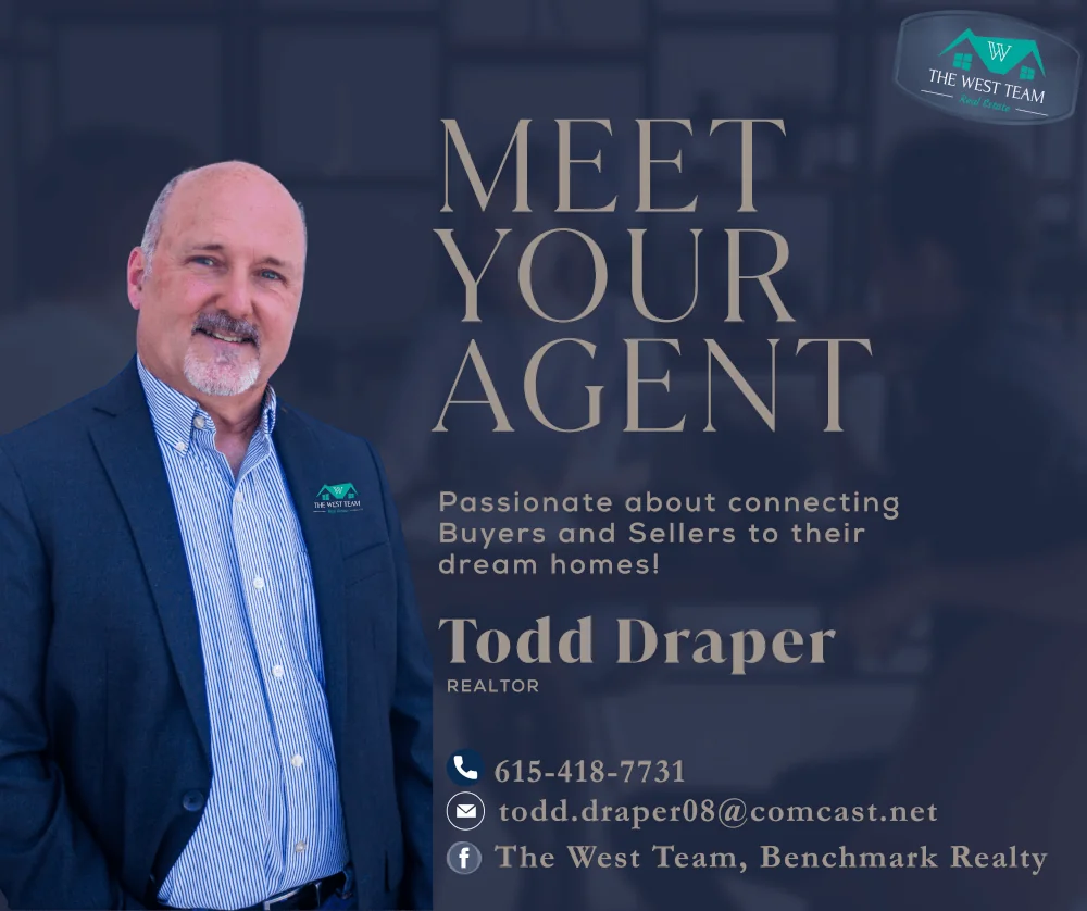 Todd Draper’s agent card: “Meet your agent” with his photo, Realtor title, phone, email and The West Team, Benchmark Realty.