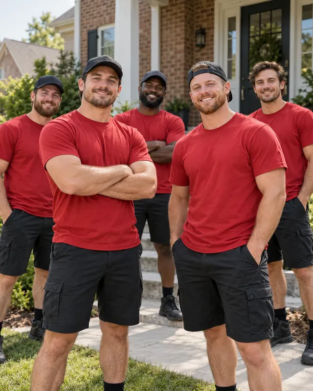 Five smiling movers in red T-shirts and black work shorts standing together in front of a brick house.