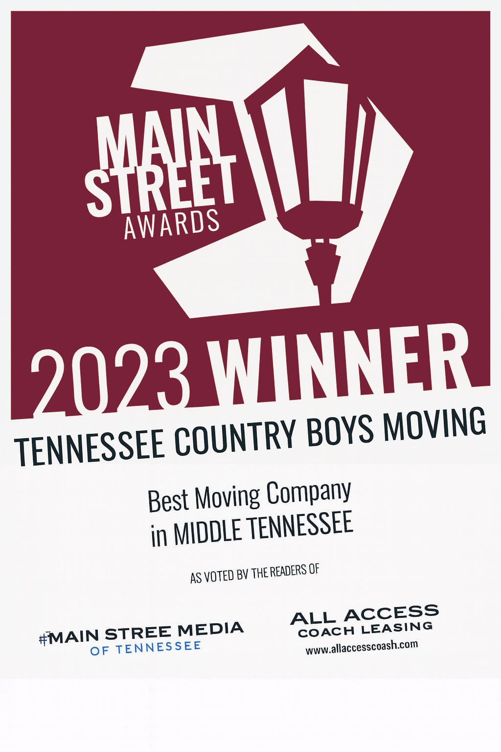 Winner: 2023 Main Street Awards – Best Moving Company in Middle Tennessee